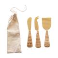 Stainless Steel Cheese Knives with Rattan Wrapped Handles in Drawstring Bag, Gold Finish, Set of 3